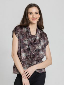 SHAYE - Cowl Neck Foil Print Short Sleeves Party Brown Top