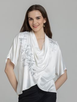 SHAYE - Cowl Neck Embroidered Short Sleeves Party White Top