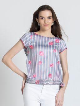 SHAYE - Boat Neck Floral Print Short Sleeves Party Grey Top