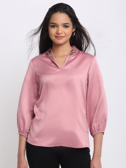 SHAYE - Shawl Collar Embroidered Party Pink Top