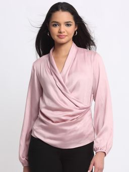 SHAYE - Shawl Collar Solid Full Sleeves Party Pink Top