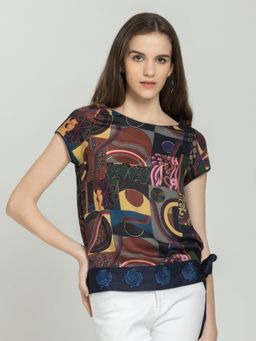 SHAYE - Boat Neck Printed Short Sleeves Party Navy Blue Top