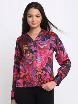 SHAYE - V-Neck Floral Print Full Sleeves Casual Black Top