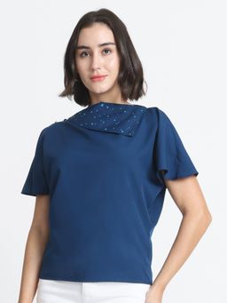 SHAYE - Solid Short Sleeves Casual Blue Top