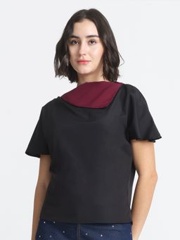 SHAYE - Solid Short Sleeves Casual Black Top