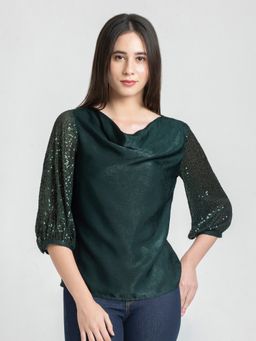 SHAYE - Cowl Neck Sequin Three-Quarter Sleeves Party Green Top