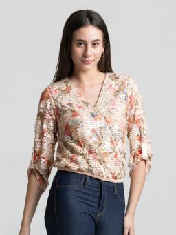 SHAYE - V-Neck Sequin Three-Quarter Sleeves Party Peach Top