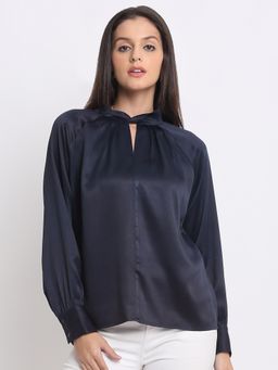 SHAYE - Twisted Neck Solid Full Sleeves Casual Navy Blue Top