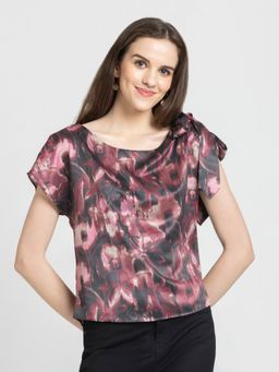 SHAYE - Boat Neck Floral Print Short Sleeves Party Mauve Top