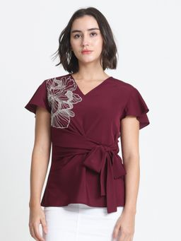 SHAYE - V-Neck Embroidered Short Sleeves Casual Burgundy Top