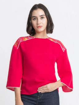 SHAYE - Boat Neck Solid Three-Quarter Sleeves Casual Pink Top