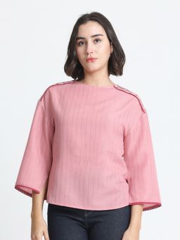 SHAYE - Boat Neck Solid Three-Quarter Sleeves Casual Pink Top