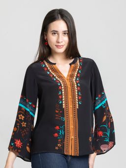 SHAYE - V-Neck Floral Print Full Sleeves Casual Black Top