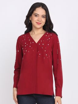 SHAYE - V-Neck Embellished Full Sleeves Party Maroon Top