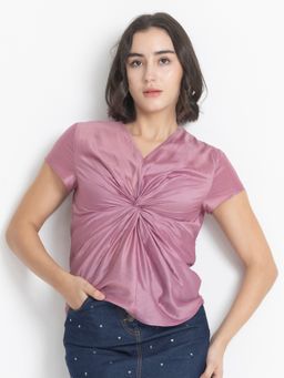 SHAYE - V-Neck Solid Short Sleeves Casual Pink Top