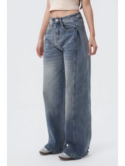 Off Duty India - Pleat Panel High Waist Original Blue Wide Leg Jeans