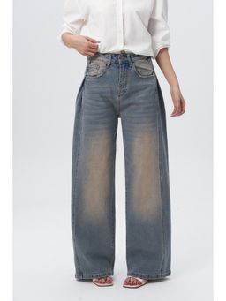 Off Duty India - Pleat Panel High Waist Vintage Blue Wide Leg Jeans