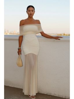 AAREIN - Ruched Solid Maxi White Dress