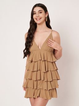 AMAGYAA - Ruffle Tiered Mini Beige Dress