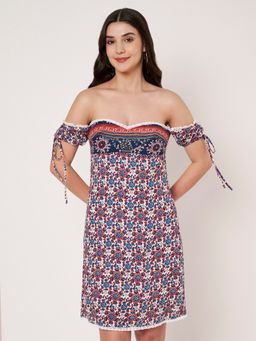 AMAGYAA - Floral Print Cotton Mini Off-White Dress.