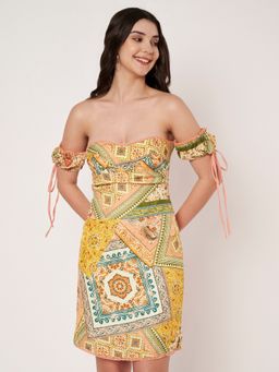 AMAGYAA - Scarf Print Off Shoulder Mini Peach Dress
