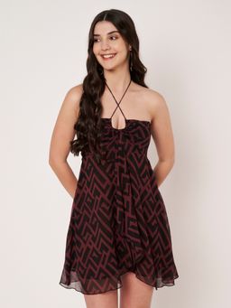 AMAGYAA - Geometric Print Chiffon Mini Black Dress