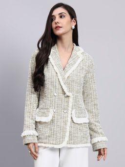 Powersutra - Classic Warm Tweed Stretchable Fringe Detailing Beige Blazer