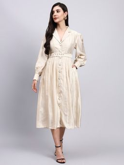 Powersutra - Women Solid Notched Collar Midi Beige Dress