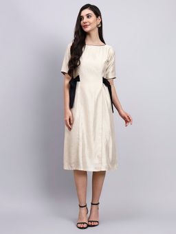 Powersutra - Women Contrast Black Side Bow Midi Beige Dress