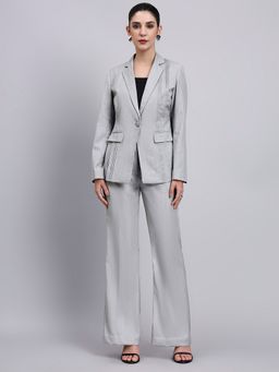 Powersutra - Women Grey Tailored Notched Lapel Textured Blazer with Pant