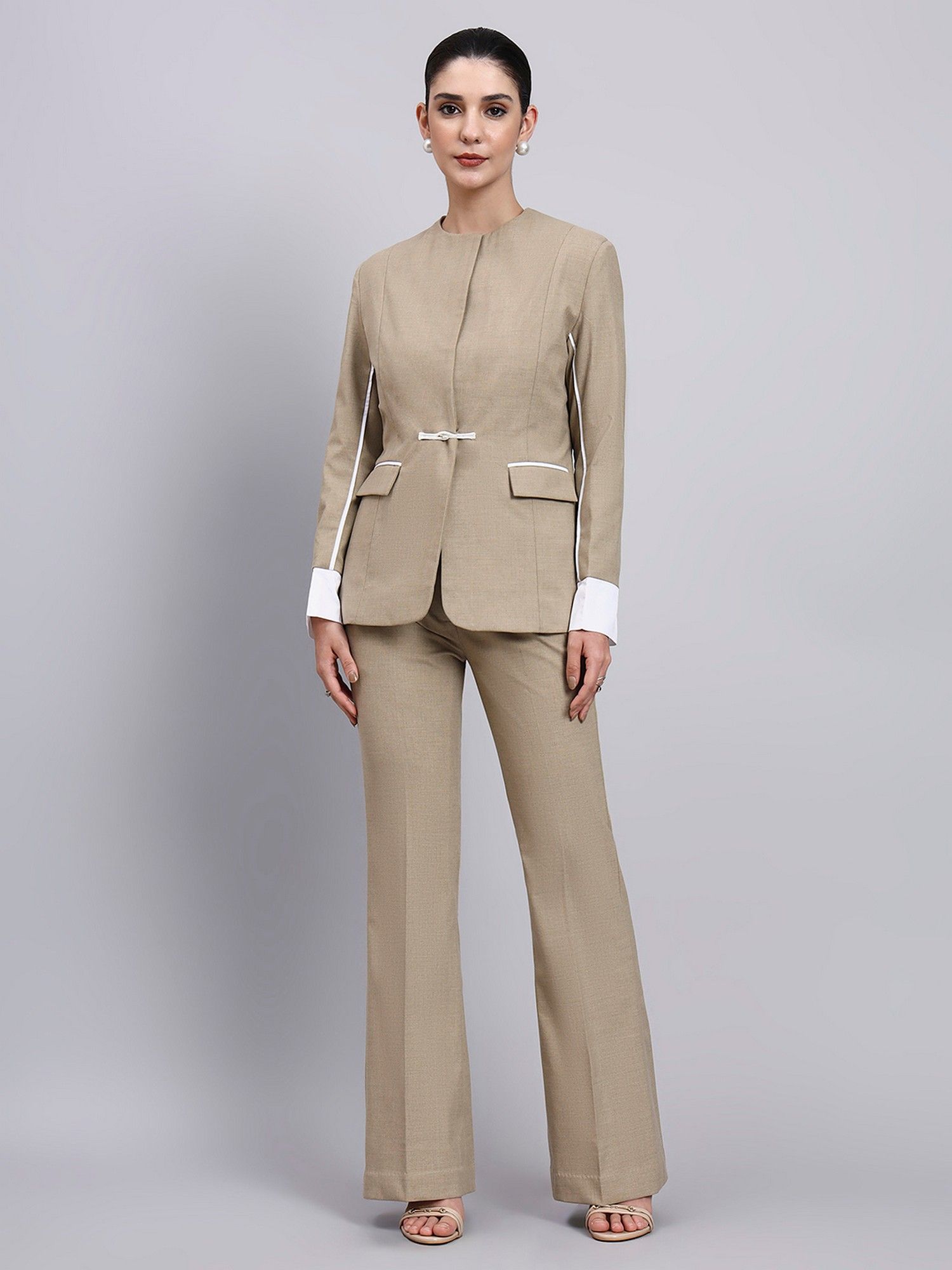 powersutra Women Beige Single Breasted Stretch Formal Pantsuit-picture-28