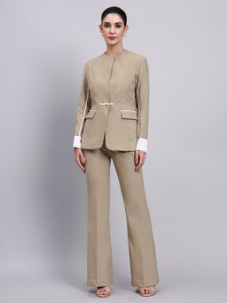 Powersutra - Tailored Beige Crew Neck Plain Blazer with Pant