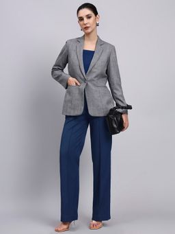 Powersutra - Women Tailored Grey Notched Lapel Textured Blazer with Pant
