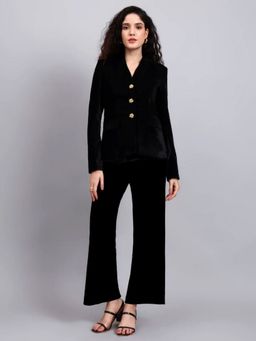 Powersutra - Women Velvet Gold-Tone Buttons Stretchable Black Co-Ord Set