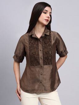 Powersutra - Women Modern Casual Floral Embroidery Brown Shirt