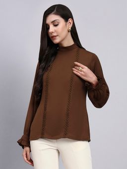 Powersutra - Women Premium Lace Detailing Satin Brown Top