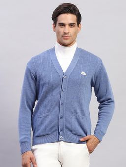 Monte Carlo - Men's Solid Blue V Neck Full Sleeves Cardigan