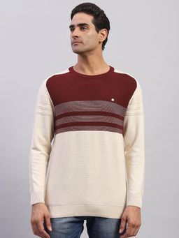 Monte Carlo - Men's Self Design Off White Round Neck Full Sleeves Pullover Sweater