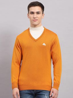 Monte Carlo - Men's Solid Orange V Neck Full Sleeves Pullover Sweater