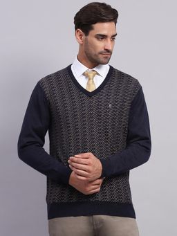 Monte Carlo - Men's Self Design Navy Blue V Neck Full Sleeves Pullover Sweater