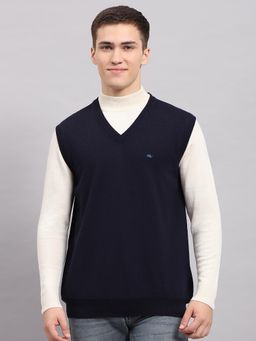 Monte Carlo - Men's Solid Navy Blue V Neck Sleeveless Sweater