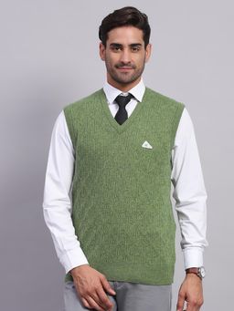 Monte Carlo - Men's Self Design Olive V Neck Sleeveless Sweater