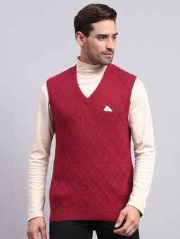Monte Carlo - Men's Solid Wine V Neck Sleeveless Sweater