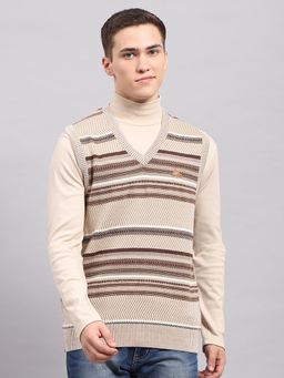 Monte Carlo - Men's Striped Beige V Neck Sleeveless Sweater