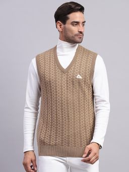 Monte Carlo - Men's Khaki V Neck Sleeveless Sweater