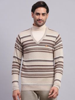 Monte Carlo - Men's Beige V Neck Full Sleeves Pullover Sweater