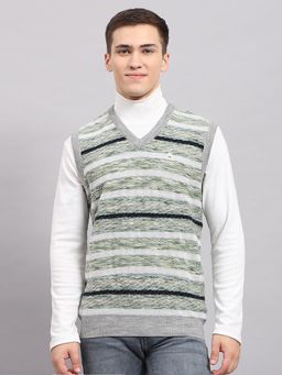 Monte Carlo - Men's Striped Green V Neck Sleeveless Sweater