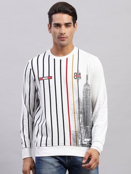 Monte Carlo - Men's Striped White Round Neck Full Sleeves Sweatshirt