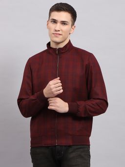 Monte Carlo - Men's Checkered Wine High Neck Full Sleeves Jacket