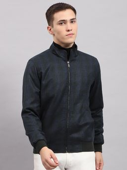 Monte Carlo - Men's Checkered Navy Blue High Neck Full Sleeves Jacket
